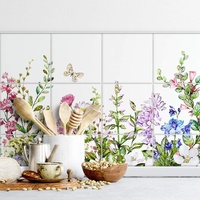 selbstklebende Fliesenaufkleber Möbelfolie matt 15x15cm Sommerwiese Blumen 12er Set