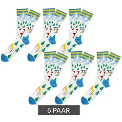 6 Paar Moustard Ski Herren Baumwoll-Socken mit Skipisten-Print gemusterte lange Strümpfe 17S-SKI Weiß/Hellblau/Rot/Grün - 41-46