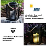 Grafner LED Solarleuchte Laterne LED Solar mit Kerze 24cm Außen Windlicht mit Kordel, LED fest integriert, warmweiß, LED Solar Laterne schwarz