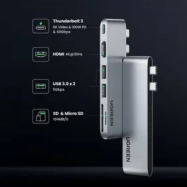UGREEN CM380 USB-C Hdmi, 2x Usb 3.0, Sd, Tf, PD grau