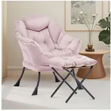 Aunekiv Sessel mit Hocker, Seitenfach & Wingback-Design, Moderner Relaxsessel für Wohnzimmer & kleine Räume rosa