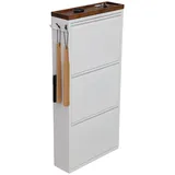 furni24 Schuhschrank Schmal – Platzsparender Metall-Schuhschrank mit Magnetklappen, Platz für 6-10 Paar Schuhe, Wandmontierbar und Vormontiert - 3 Klappen, Weiß-Massivem Nussbaum