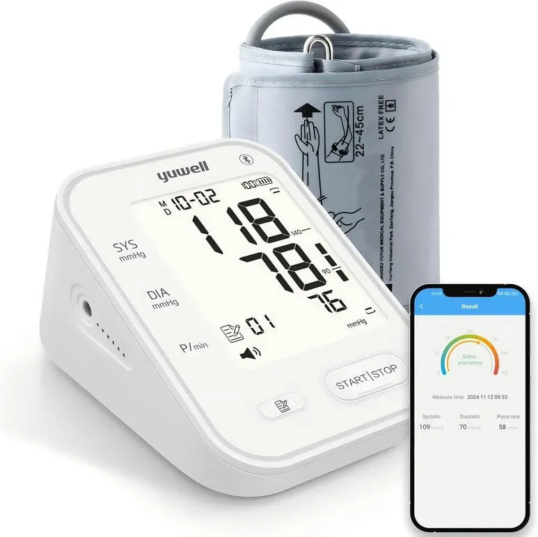 yuwell Intelligentes Oberarm-Blutdruckmessgerät mit Bluetooth | Manschette für 22-45 cm, Sprachübertragung, Hintergrundbeleuchtetes Display, Wiederaufladbarer Akku, App für iOS & Android (YE650AR)