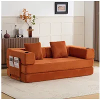 Leawin Sofa Sofas Wohnzimmer, Sofa mit schlaffunktion aus Cord mit Cupholder, Faltbares Loungebett mit Seitentaschen und ohne Montage