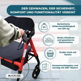Mobiclinic Gehhilfe Klappbar XXL bis 204 kg verstärktes Aluminium rot