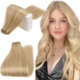 RUNATURE Echthaar Tressen Zum Einnähen Blond 30cm Tressen Echthaar Goldblond Mit Hellblond 70g Weaving Tressen Echthaar Blond Weft Tressen Extensions #16P24