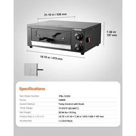 Vevor elektrischer Pizzaofen, 30 cm Tischpizzaofen 25-300 °C, 1450 W, Pizzaofen mit Zeit- und Temperaturregelung & zwei Heizrohren, Grillrost, für Küche und Gastronomie