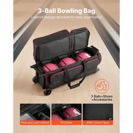 Vevor Bowlingballtasche für 3 Bälle mit Doppelrollen & separatem Fach für Schuhe (bis US-Größe 16) & übergroßer Zubehörtasche, einziehbarer Griff lässt sich auf 105 cm ausziehen Schwarz + Rot