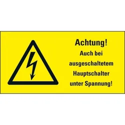 Aufkleber I Warn-Kombischild Achtung! Auch bei ausgeschaltetem, RoHS konform, Folie, 37x74mm