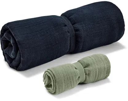 2 Musselin-Reisehandtücher khaki - 100% Baumwolle - blau