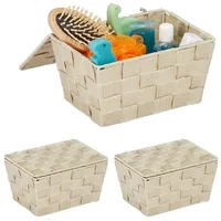 Relaxdays 3 x Aufbewahrungskorb mit Deckel, Flechtoptik, Bad Organizer