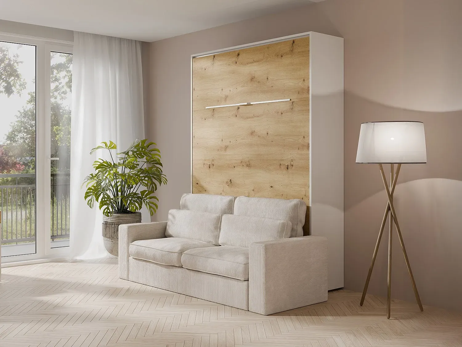 Schrankbett + Sofa - 160 x 200 cm - Manuelle vertikale Öffnung - Mit LED-Beleuchtung - Weiß & Holzfarben - RAPILI