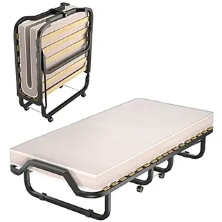 Costway 90x200cm mit Matratze aus Rückstellschaum, Klappbares Gästebett, klappbar auf Rädern, Faltbett für Büro - Gästezimmer, Tragbares Bett (Beige)