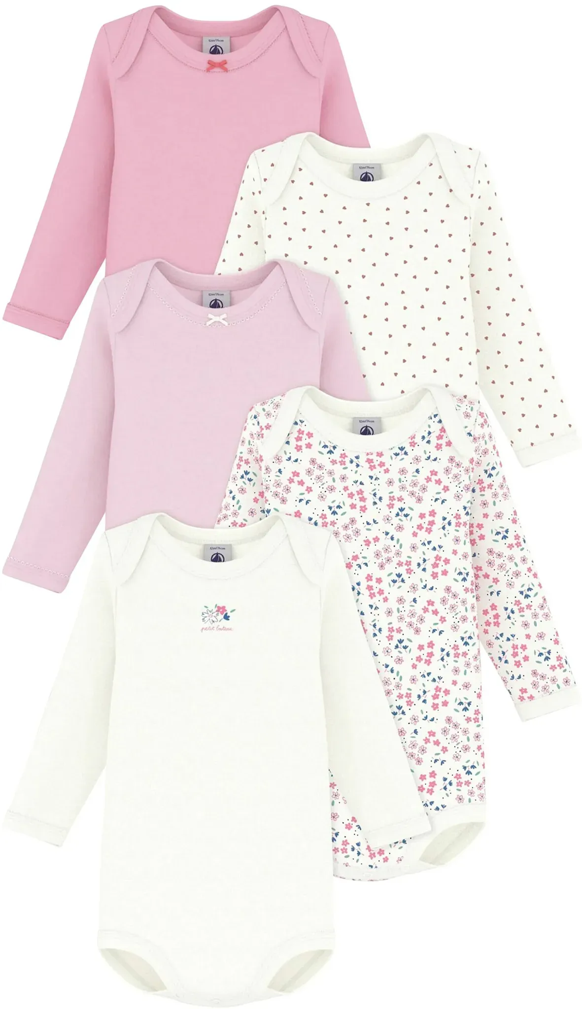 Petit Bateau 5er-Pack Bodys langarm Blumen Herzen, natur | rosa, 62