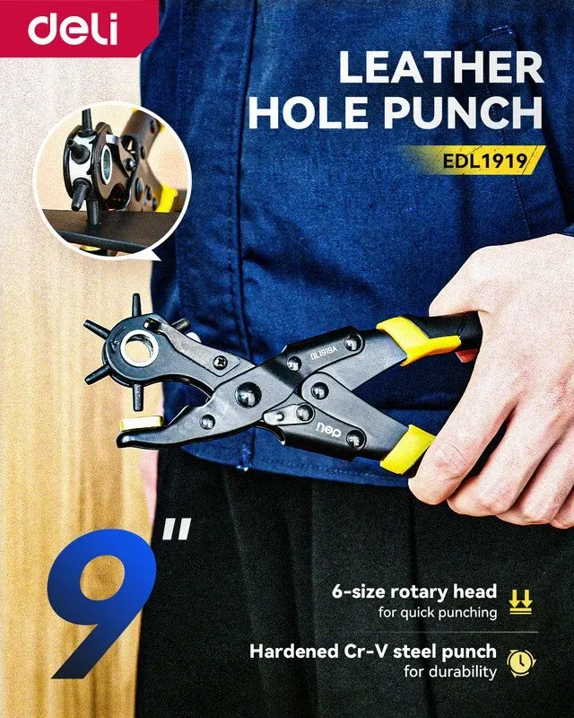 deli 9 Zoll Lochzange für Leder (6 Größen), robuste, industriebewährte Konstruktion & präzise gebohrte Löcher