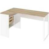 VCM Plus Eckschreibtisch mit 3 Ablagen und 2 Schubladen, weiss und Eichenstruktur.