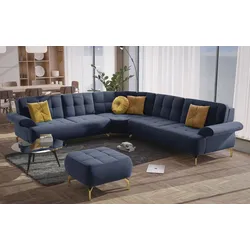 Ecksofa SIT & MORE "Orient 1 L-Form", blau, B:299cm H:88cm T:279cm, 100% Polyester, Sofas, inkl. 4 Zierkissen mit Strass-Stein, goldfarbene Metallfüße