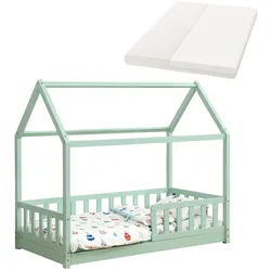 Juskys Kinderbett Marli 80 x 160 cm mit Matratze, Gitter, Lattenrost & Dach - Bett Mint