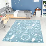 Carpet City Kinderteppich »ANIME912«, rechteckig, 11 mm Höhe, Kinderzimmer Teppich Modern mit Mond, Blumen, Wolken, Creme, Multi, blau