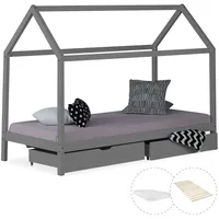 Homestyle4u 2080, Kinderbett mit Matratze Kinderhaus Hausbett 90x200 cm Grau mit Bettkasten - Grau