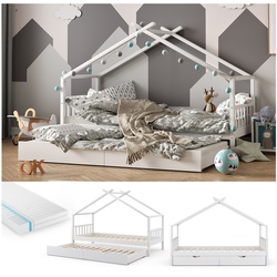 VITALISPA Kinderbett DESIGN Hausbett Gästebett Lattenrost weiß 90x200 Matratze