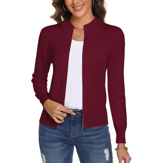 Aottori Damen Langarm Stehkragen Strickjacke Pullover Cardigan mit Reißverschluss Sweatshirt Casual Einfarbig Strickmantel Freizeit Jacket Outerwear Weinrot XXL - XXL