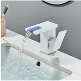 Sjqka - Waschbecken-Wasserhahn mit Wasserfall-LED-Licht, Kalt- und Warmwasserhahn (weiß, mit 60 cm Anschlussschlauch x 2)
