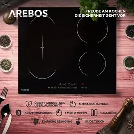 Arebos Induktionskochfeld mit Booster-Funktion | 7200W | 4 Kochfelder Flexzone | 59 cm | Autark mit Sensor Touch, Timer, Kindersicherung, �berhitzungsschutz,