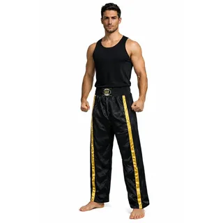 BAY-Sports Sporthose Kickboxhose NETZ-MESH Mesh Netzeinsatz Hose lang Kickboxen Kampfsport lange, leichte, locker sitzende Trainingshose, Schwarz/Gold schwarz 160 (S)