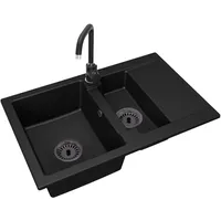 Spüle Granit Schwarz Doris Armatur STEEL Schwarz Siphon