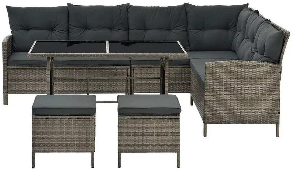 Juskys Gartenlounge-Set Manacor, (Gartenlounge), Polyrattan Gartenmöbel-Set mit Garten-Sofa, Garten-Tisch und 2 Hocker grau