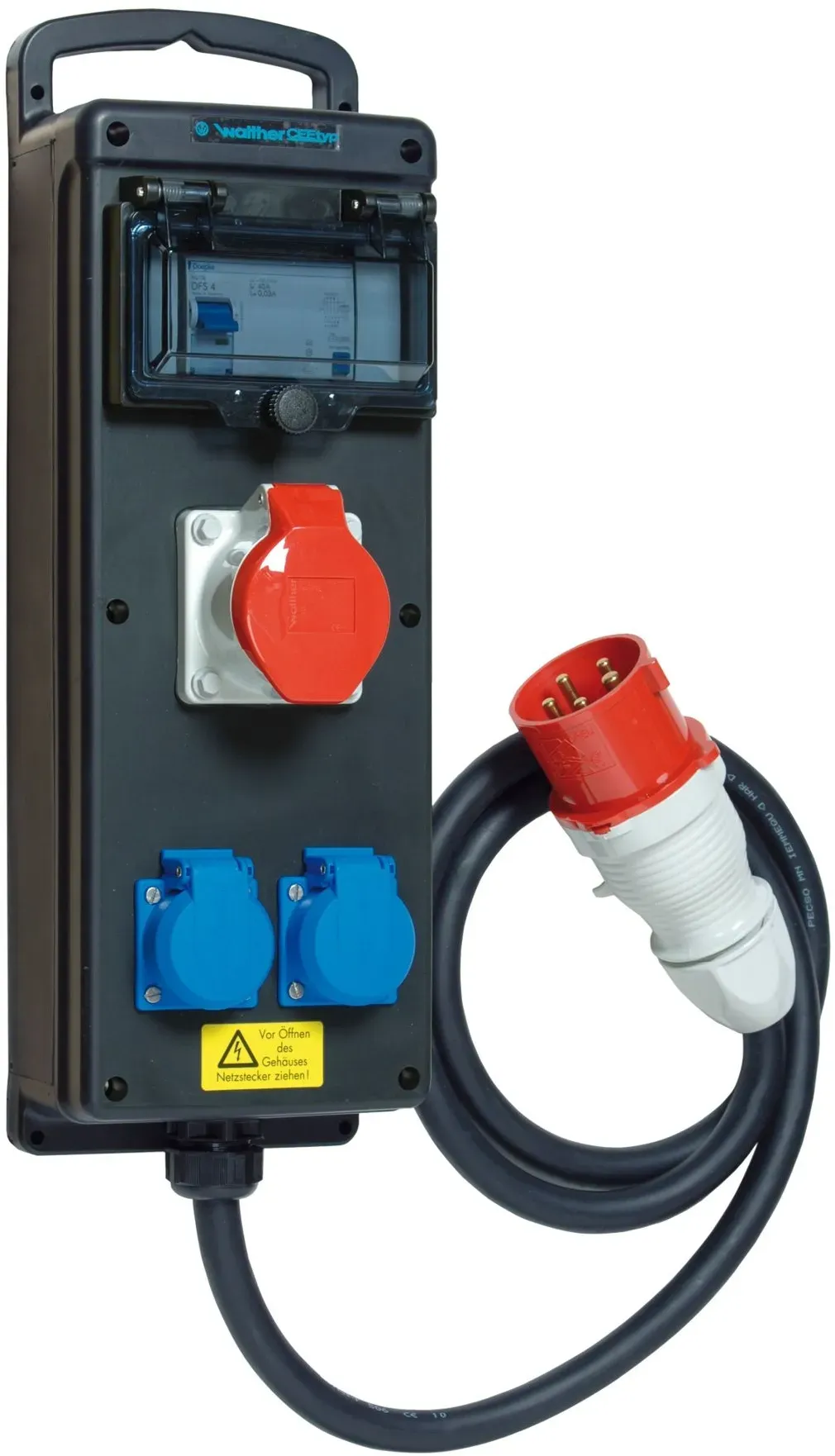 Walther Electric 6410102A Tragbare Vollgummi-Steckdosenleiste In:16 A mit einem RCD TypA, einem CEE-Abgang, 16A, 2 Schutzkontaktsteckdosen und Anschluss über Leitung mit, 16A Stecker