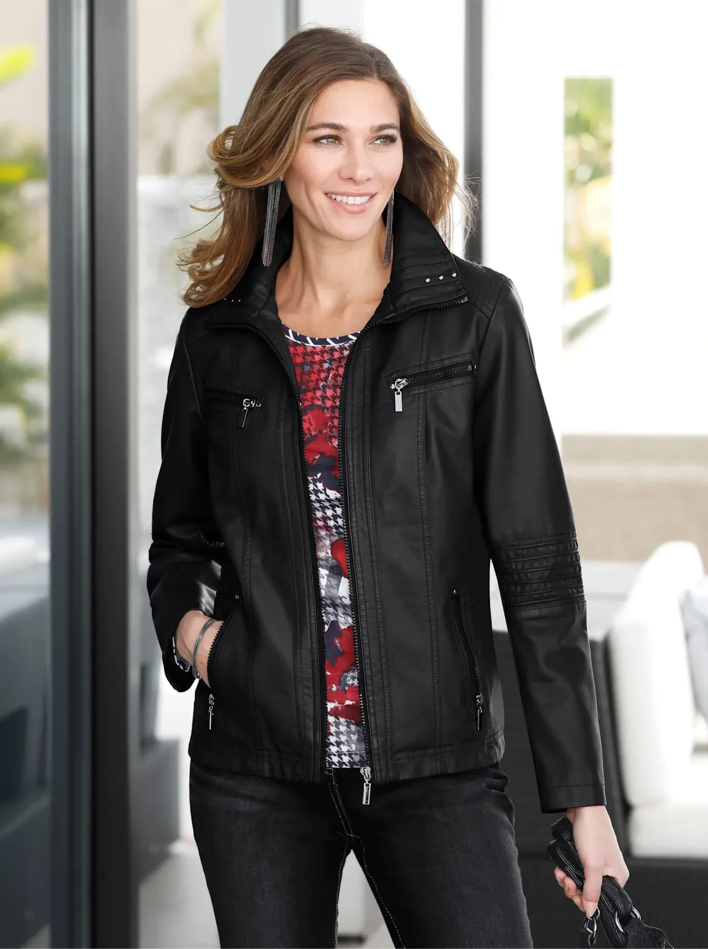 Lederimitatjacke CLASSIC BASICS, Damen, Gr. 50, schwarz, 100% Viskose, unifarben, Jacken