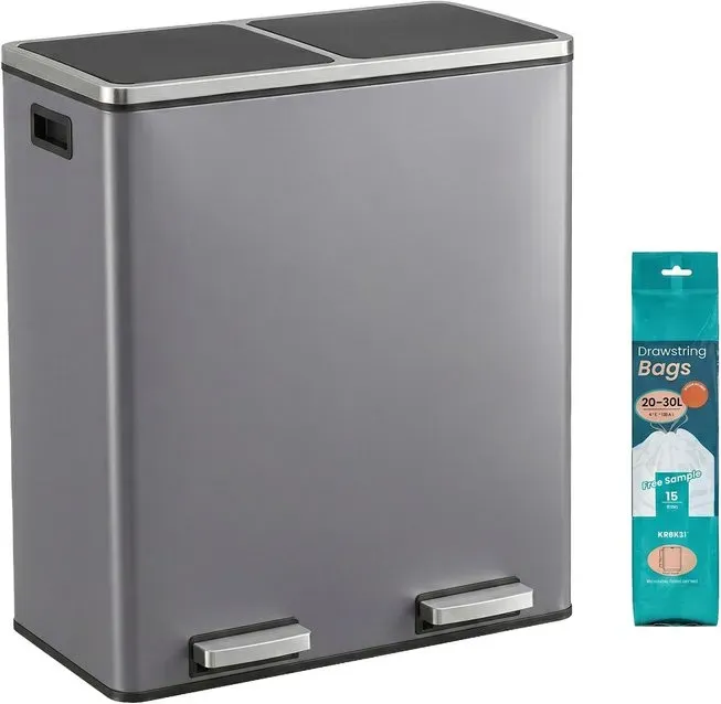 Ochama Mülleimer 60 L, 2 Fächer, Pedal, Soft-Close, herausnehmbare Kunststoffeimer, Metall, Schiefergrau, für die Küche
