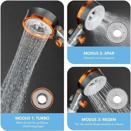 EasyMaxx Duschkopf Water-Control Bis zu 65% Wassersparen Spar Stopp Funktion 3 Strahl Modi Regendusche Turbo Brause optimaler Wasserdruck Bad [Silber]