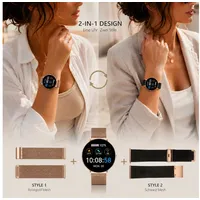 XCOAST SIONA 2 Damen Smartwatch (4,2 cm/1,3 Zoll, iOS und Android) Kostenloses Zusatzarmband enthalten / Gehäuse Rosegold (hell), 4-tlg., - 2in1 PROMOPACK (enthält 2 Mesh Armbänder: Schwarz und Rosegold) -, Wasserdicht/Flach/Puls/Blutdruck/Blutsauerstoff/Sport/Elegant schwarz