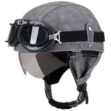 Vintage Deutsch Leder Motorrad Halbhelm, ECE-geprüft Männer Frauen Halbschalenhelme mit Schutzbrille und Visier, Retro Offener Schutzhelm für Fahrrad Cruiser Scooter Chopper