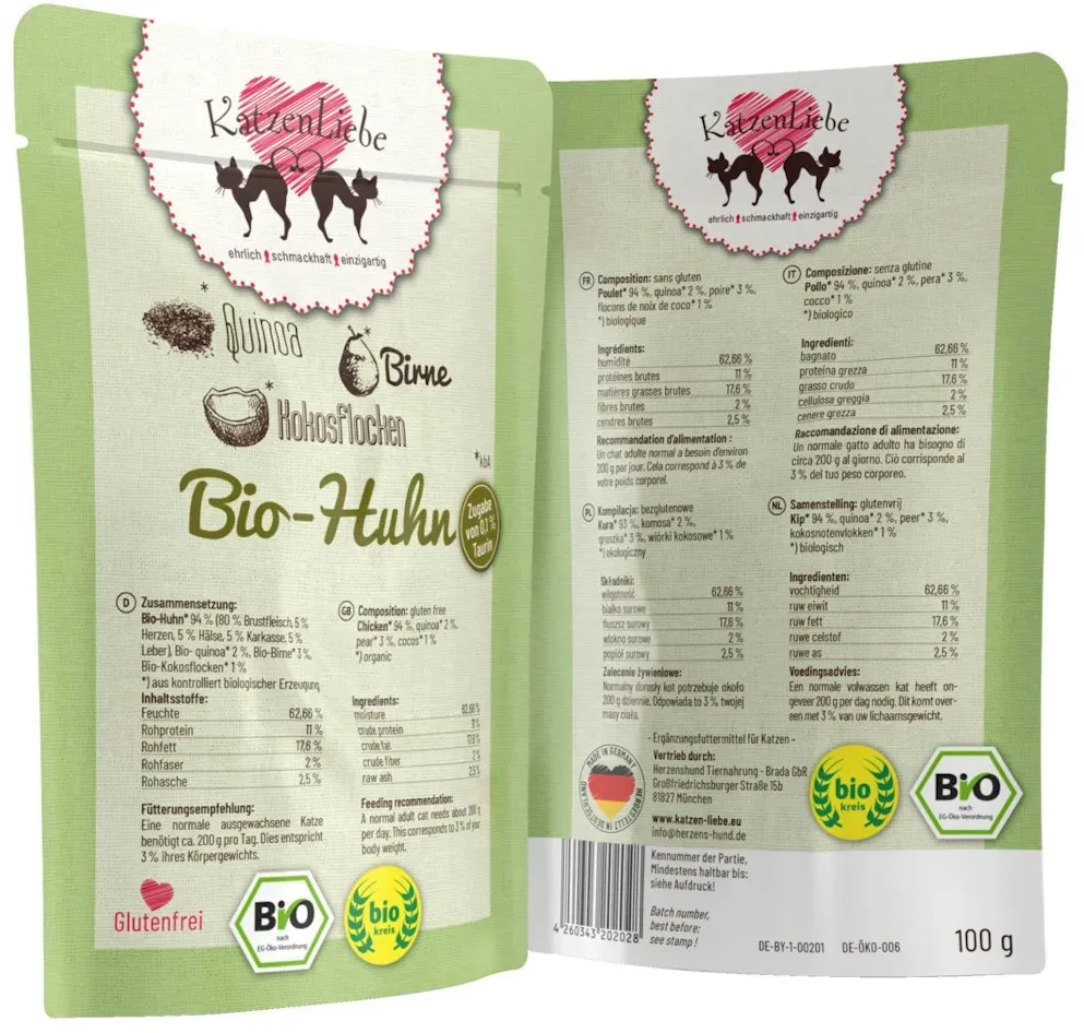 Katzenliebe 100 Gramm Katzennassfutter 15 x 100 Gramm Bio Huhn mit Bio Quinoa und Bio Birne