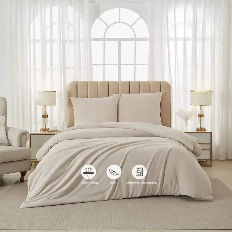 Meeallhome Bettwäsche-Set aus gewaschener gebürsteter Baumwolle 240x220cm/80x80cmx2 Beige-Grau