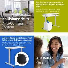 eSmart Germany ETX-121GW 100x60cm Weiß Ergonomischer Steh-Sitz-Schreibtisch auf Rollen Stufenlos elektrisch höhenverstellbar 78,5-128,5cm 3X Memory Aktivitätserinnerung Soft-Start/Stopp
