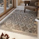 Green Looop Wollteppich GREEN LOOOP "Migny", blau (hellblau), B:80cm H:5mm L:150cm, Wolle, Teppiche, Fransen, Kelim, handgewebt, Natur, Wohnzimmer, Schlafzimmer, Raute