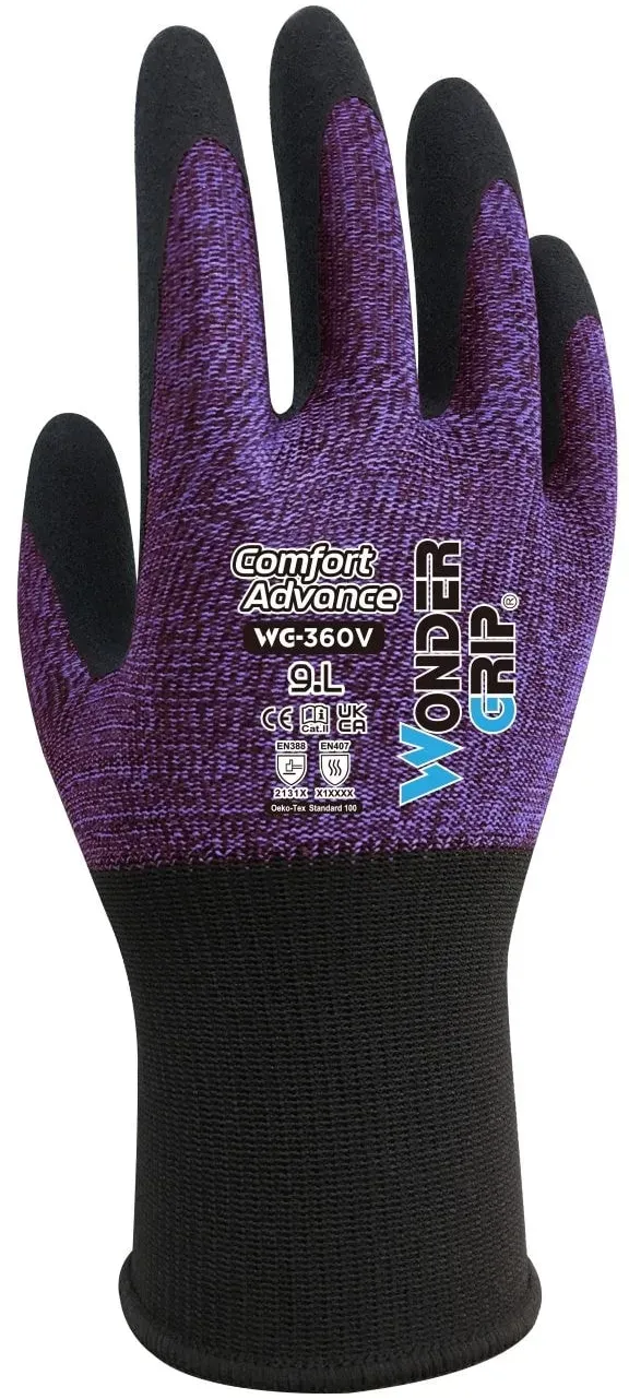 Wonder Grip® WG-360V Arbeitshandschuh Comfort Advance, Gr. S/7, ultradünn, hoch dehnbar, hervorragende Griffigkeit, präzise Beweglichkeit, 1x Paar L/R, lila/schwarz