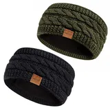 Hatromm Stirnband Damen Winter Wolle 2 Pack, Ohrenwärmer Damen Stirnband Gestrickt Dick mit Fleece Gefüttert, Haarband Damen Kaltes Wetter Warme Ohrenschützer(Schwarz+Armee)