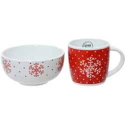 2x Frühstücksgeschirr Keramik 14x7cm - Schüssel & Tasse Set mit Weihnachtsmotiv Weihnachtsgeschirr Geschirr für Weihnachten Schale Becher Weiß Rot