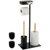 Relaxdays WC Garnitur, Bambus, Hbt: 66,5x30x20 cm, freistehender Klopapierhalter, Ablage, Toilettenbürste, schwarz/natur