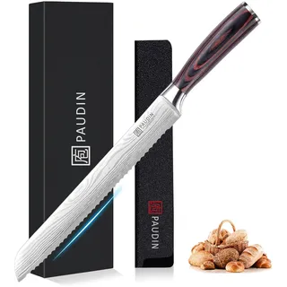 PAUDIN Brotmesser mit Wellenschliff 26 cm aus hochwertigem rostfreiem Edelstahl, extra scharfe Messerklinge mit ergonomischem Pakkaholzgriff
