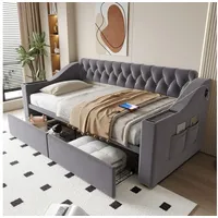 MODFU Schlafsofa aus Samt, dickere Armlehnen mit USB-Ladefunktion, mit USB-Ladeanschluss, breiten Armlehnen & Stauraumschubladen, ohne Matratze, 190x200 cm grau