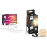 Philips Hue Gradient Ambiance LED Lightstrip 2m Basis, Weiß, 929002994901 & White E27 Filament A60 550lm, warmweißes Licht, dimmbar, steuerbar via App, kompatibel mit Amazon Alexa (Echo, Echo Dot)