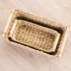 HMF Aufbewahrungskorb Badezimmer Korb geflochten aus Wasserhyazinthe mit Holzgriffen 30 x 15 x 13 cm beige