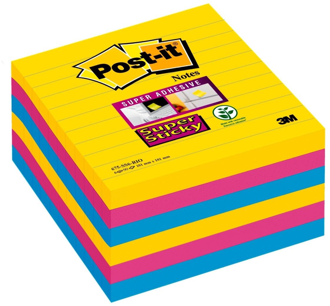 3M Post-it Super Sticky Notes 675-S6R, 6 Blöcke à 90 Blatt, Rio de Janeiro Collection: ultragelb, -blau, -pink, 101 mm x 101 mm, liniert, PEFC zertifiziert